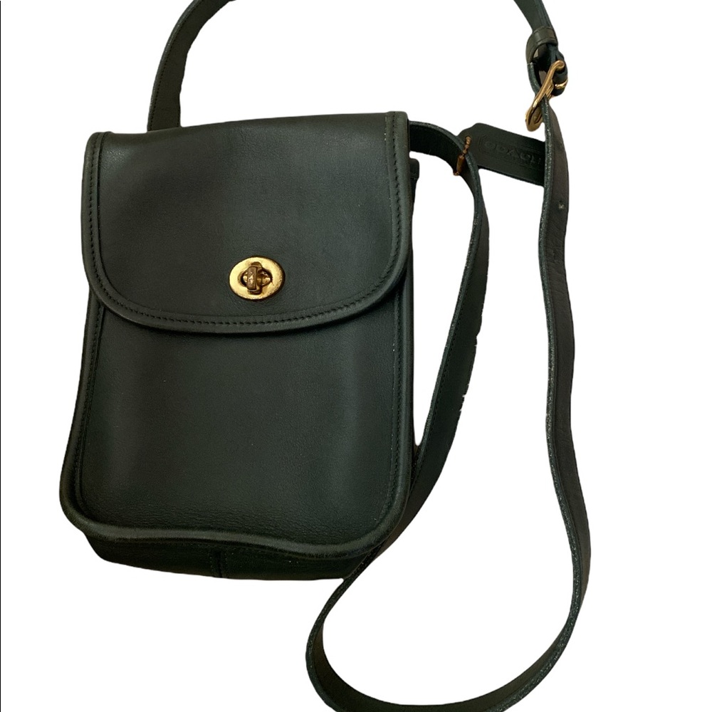 Vintage Coach cross body bag . Forrest green with brass fittings.